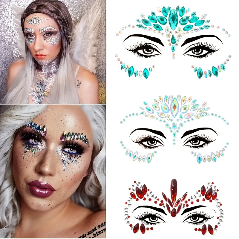 TEMU 3pcs/set, Sparkling Rhinestone Face Jewelry Stickers - Self-adhesive Face Decoration Stickers For Parties, Carnivals, Festivals, Costumes,