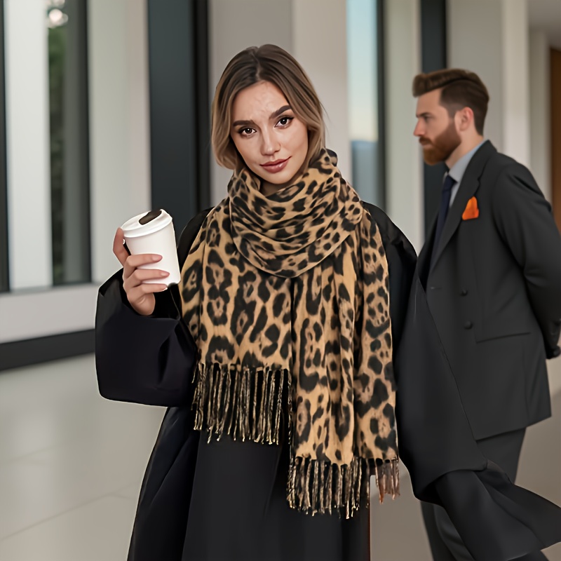TEMU Cisily Women's Elegant Vintage Leopard Print Shawl Wrap - Long Fringe Tassel Scarf Suitable For Windproof , Ear & Shield, Hand Washable Winter