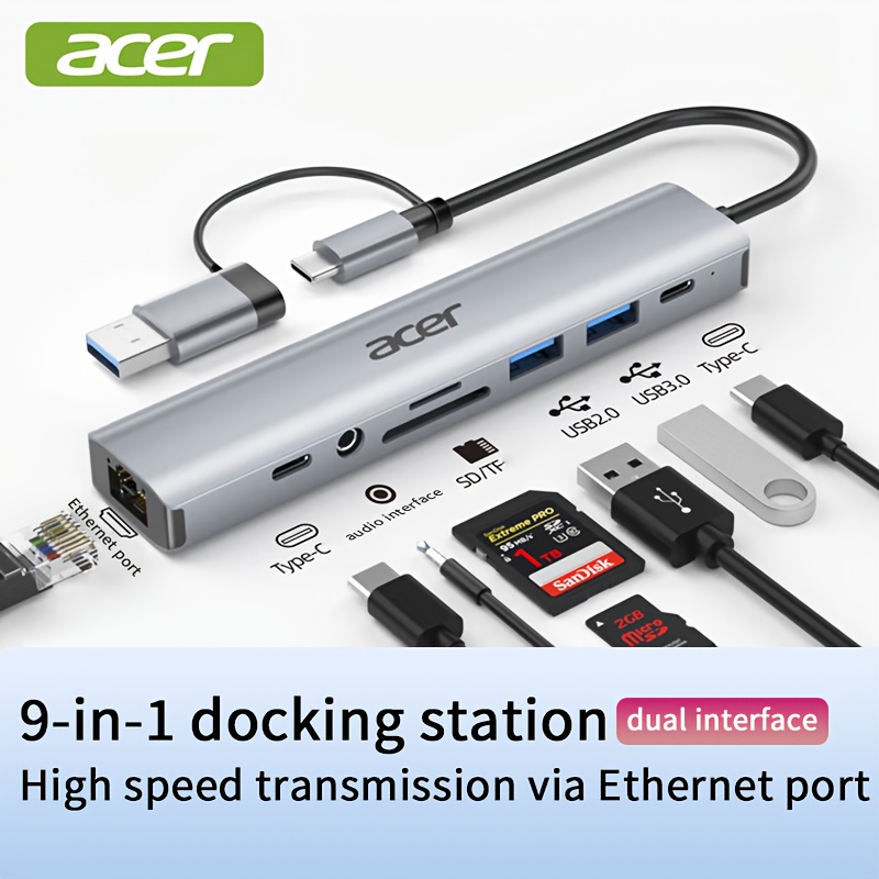 TEMU Stazione Docking 9-in-1 Acer Type-C, con interfaccia, splitter USB multifunzionale e un fantastico strumento di del porta rete. Supporta la di