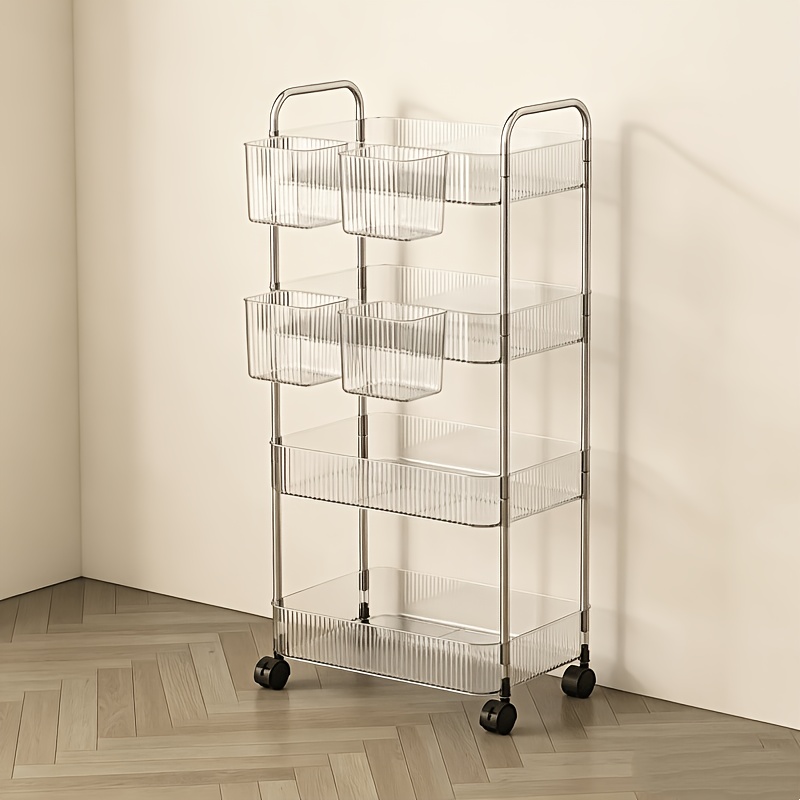 TEMU Multi-styles Available Acrylic Transparent Small Trolley Shelf With Hanging Box Book Storage, Office Storage, Easy Assembly Rolling Storage Cart