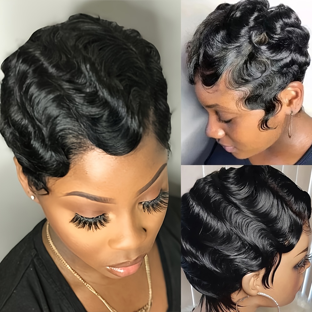 TEMU Short Finger Wave Wig Brazilian Human Hair Wig For Women Short Ocean Wave Wig Cut Machine Wigs