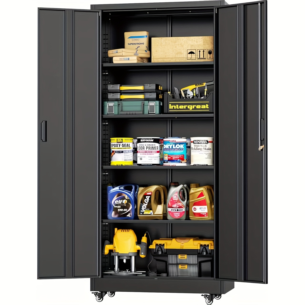TEMU Metal For Garage Storage Cabinet With Wheels, Black 72" Rolling Storage Cabinet With 2 Doors And Adjustable Shelves, Metal Tool Cabinets, Metal