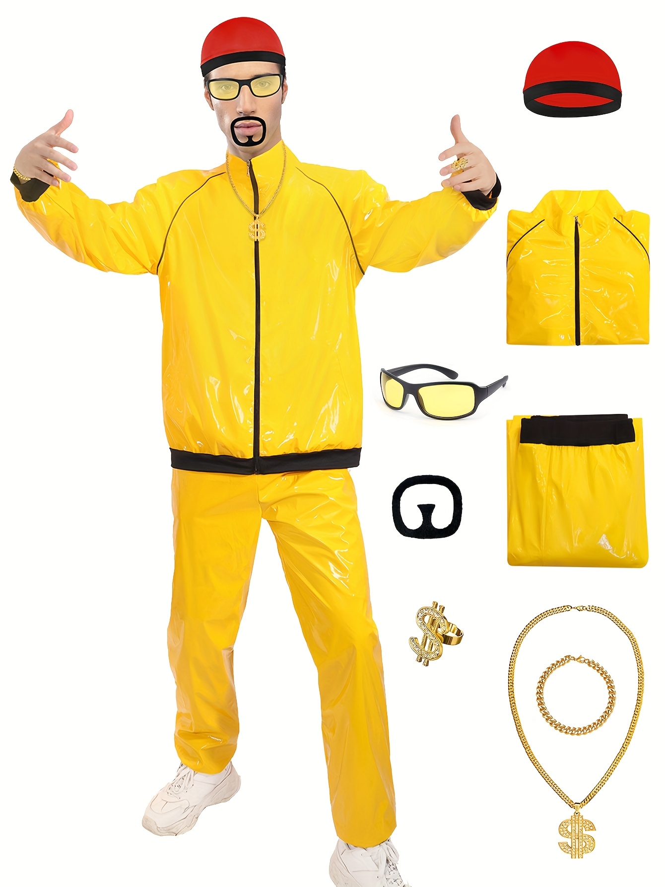 *'s 90's Hip Hop Rapper Classic Dress Set 8pcs, including top, pants,  fashionable glasses and other accessories, casual wear, party, rave, music 