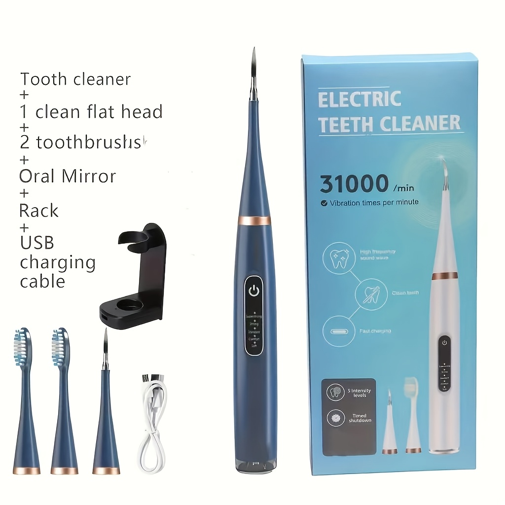 

Electric Teeth Cleaning Kit, 5- Dental Plaque Remover For Removing Food , , And Stains Comes With Replaceable Cleaning Head, Toothbrush Head, Stand, Usb Charging