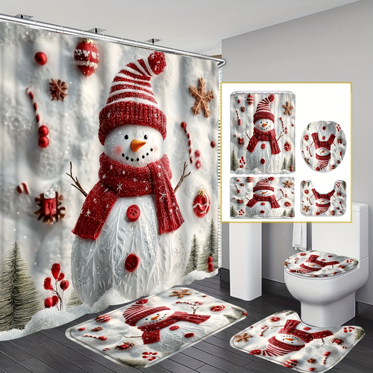 

1pc/4pcs Christmas Ornaments, Christmas, Pattern Shower Curtain, 12 Shower Curtain, Bathroom Rug, U-shaped Mat, Lid Mat, Bathroom Decorations, Bathroom Shower Curtain Set Christmas