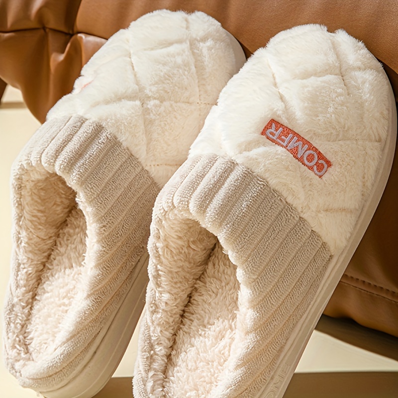 

Quilted Plush Winter Slippers For Couples - Sole, Non-slip, Soft & Lightweight Indoor Home Shoes With Ribbed Cuffs, , House Slippers