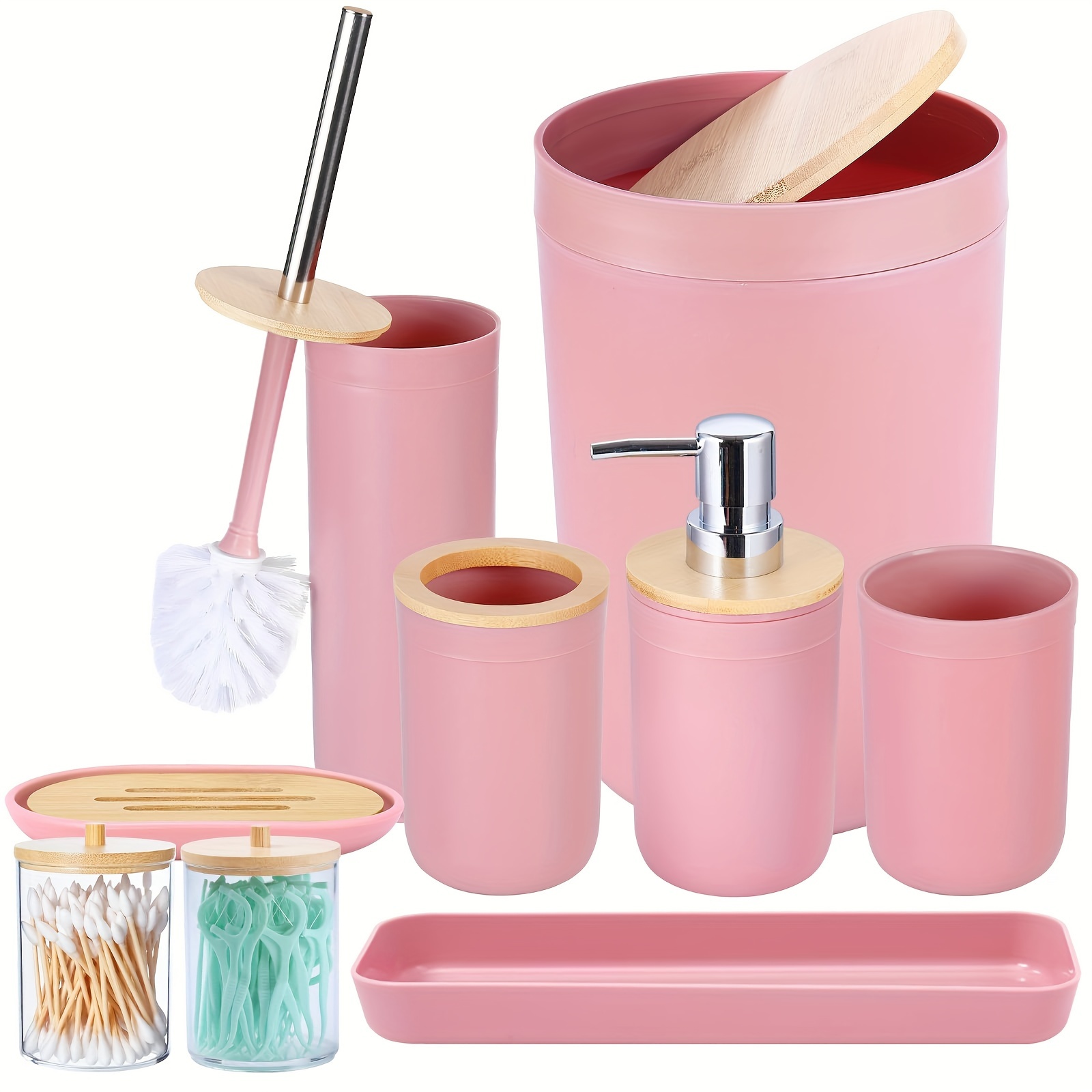 

9pcs Pink Bathroom Accessories Set - With Trash Can,toilet Brush,toothbrush Holder, Lotion Soap Dispenser, Soap Dish,toothbrush Cup,qtip Holder,tray