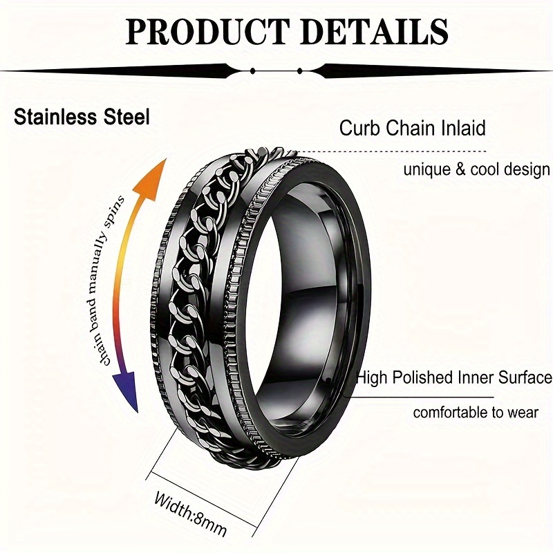 8pcs mens 201 stainless steel ring set retro style rotating decompression ring wedding and engagement ring Product details 3