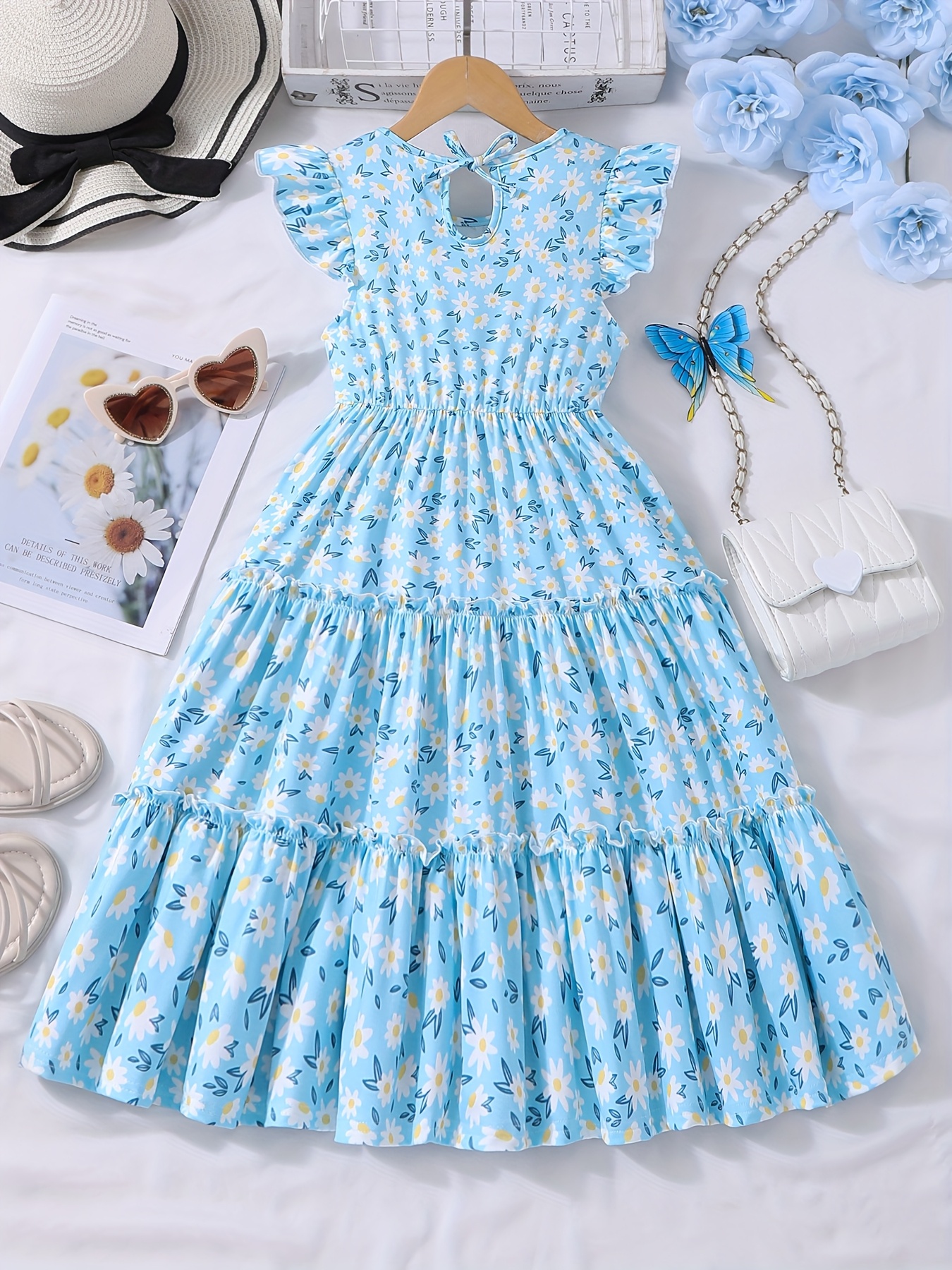 knee length dresses for ladies Mia Belle Girls Floral Tiered Ruffle Dress