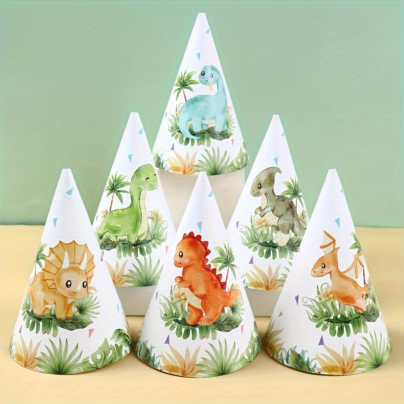 

Dinosaur Paper Party Hats 6-pack For First Birthday, Themed Celebration, Unisex Paper Caps For Dinosaur Theme Parties, Gender Reveal, & Showers - Decoration Set