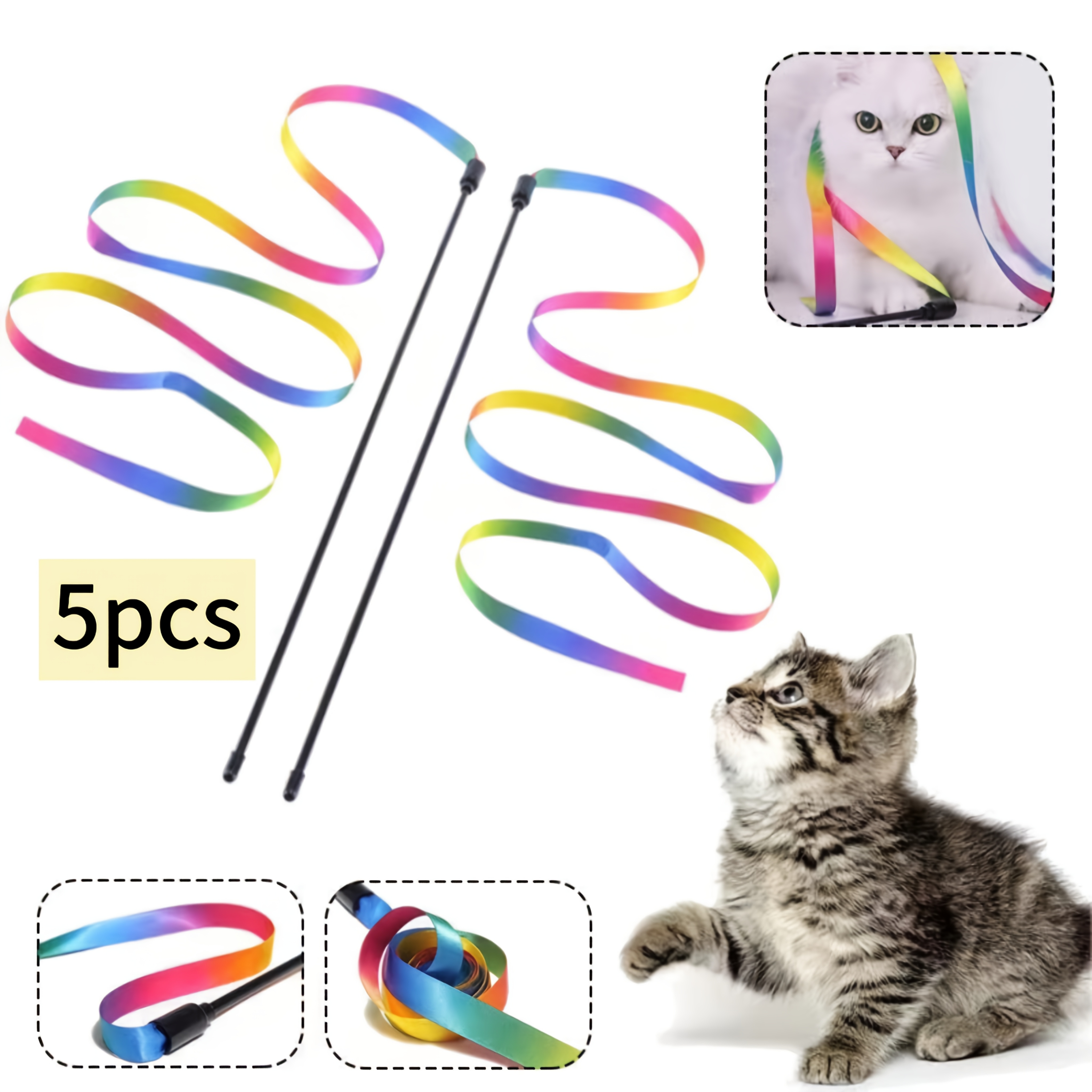 

5 Interactive Rainbow Toy Wands For Cats, Featuring A Drag Rope For Play, With Colorful Ribbons That Attention, Suitable For Most Cats And Kittens, No Batteries Required.