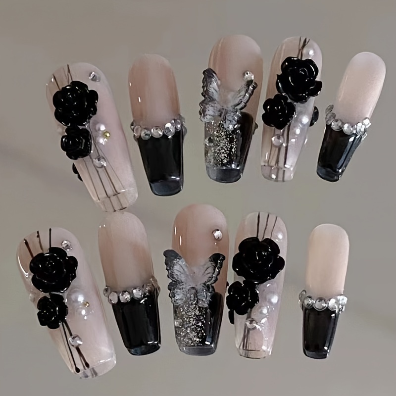 

Butterfly Rose, Pink + Black On Nails, Handmade Nail Art, Free Glue, Art And Organizer 5 Piece Combo Set, Medium Long Ballet Nails, Removable Reusable Nails