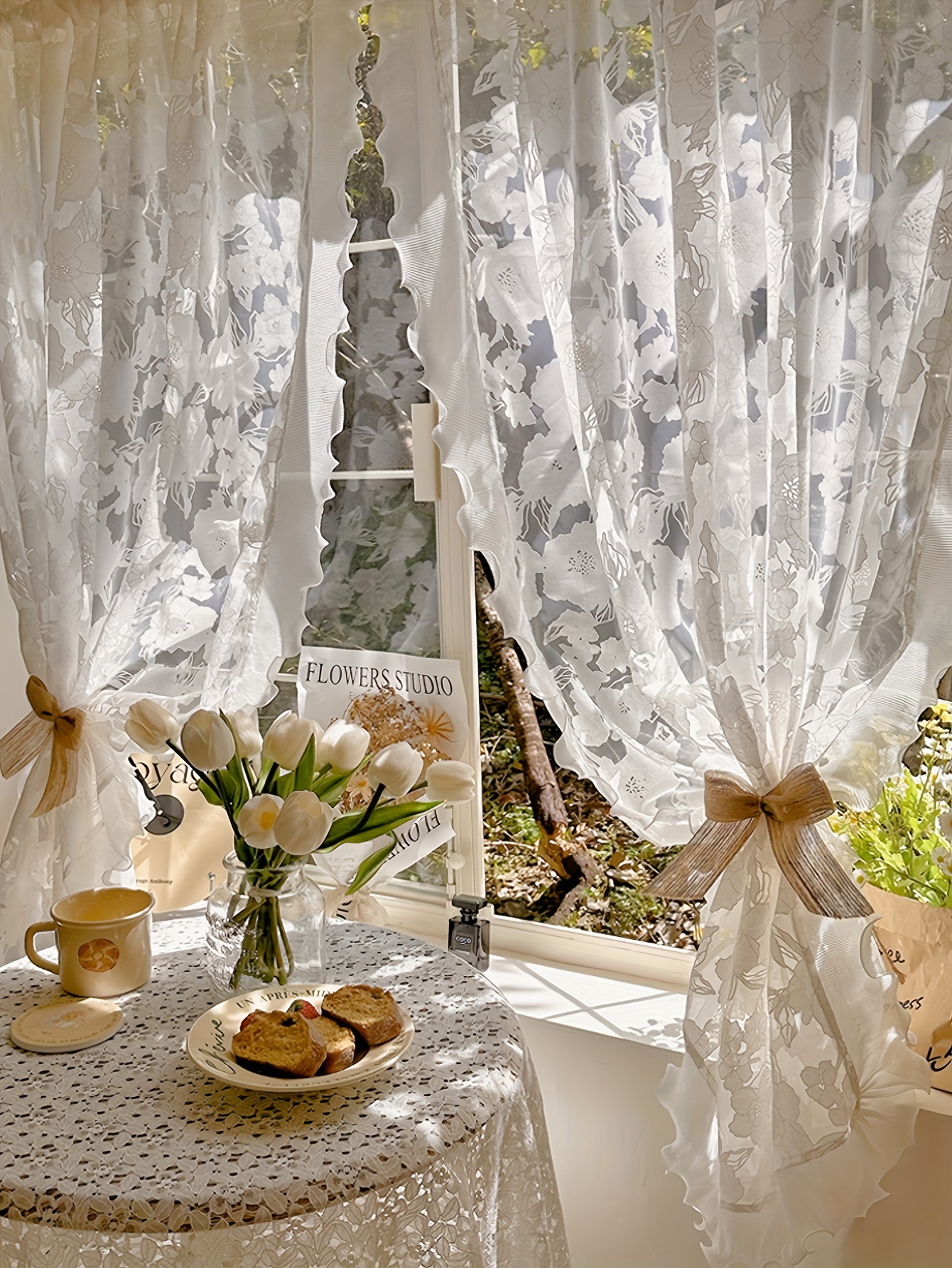 1pc flower rose sheer curtain french romantic white yarn curtain bedroom floating window   room curtain macrame sheer curtain home decor details 0