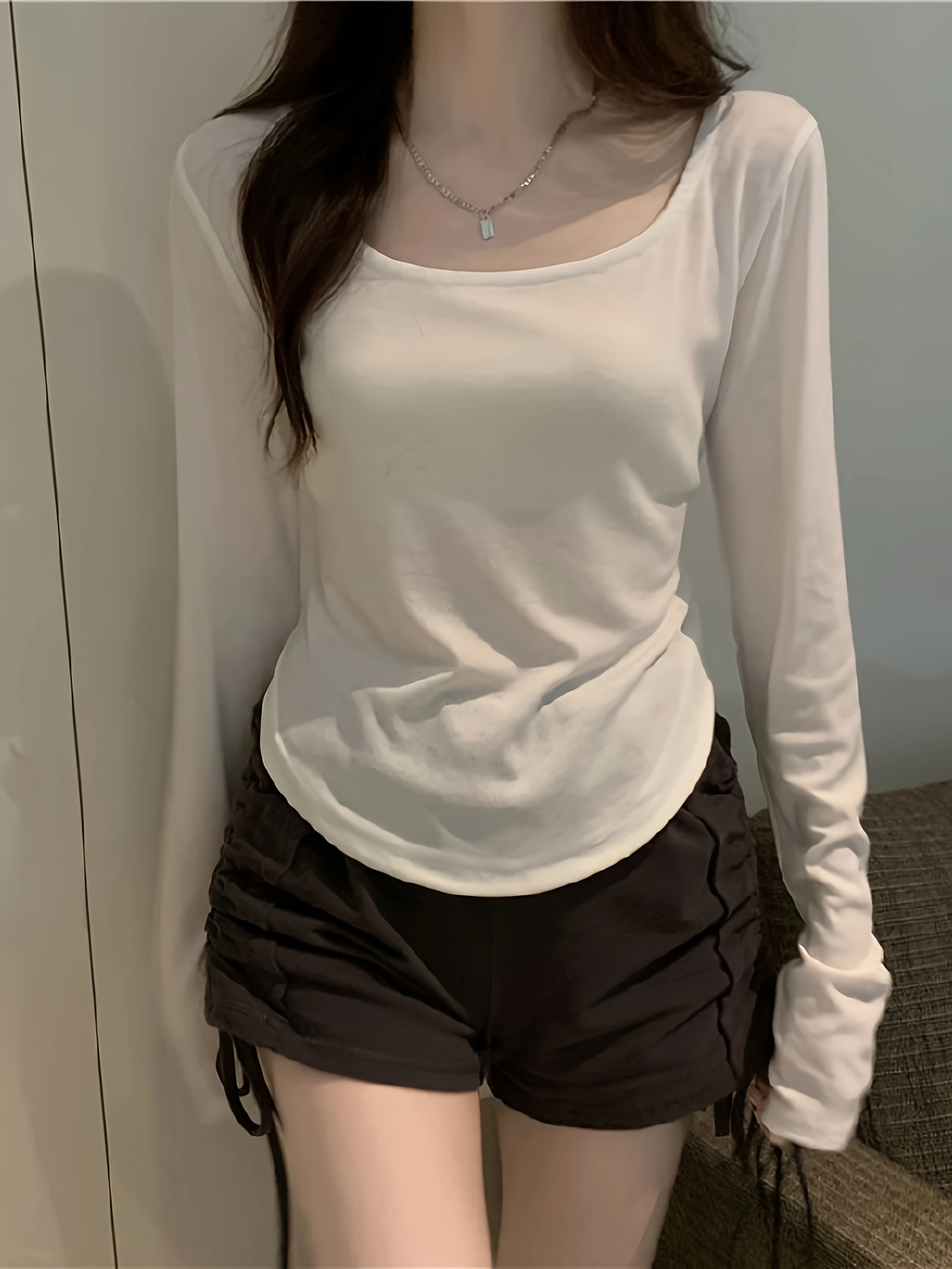 camisola de mulher sexy em poliéster com    , top de malha de cor   com decote  , comprimento regular, moda de  /outono