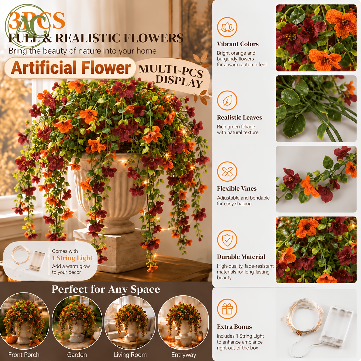 TEMU 3pcs Artificial Fall Flower Vines With Light, Realistic Orange Hanging Plants With Green Leaves, Autumn Floral Garland For Home, Porch, Garden