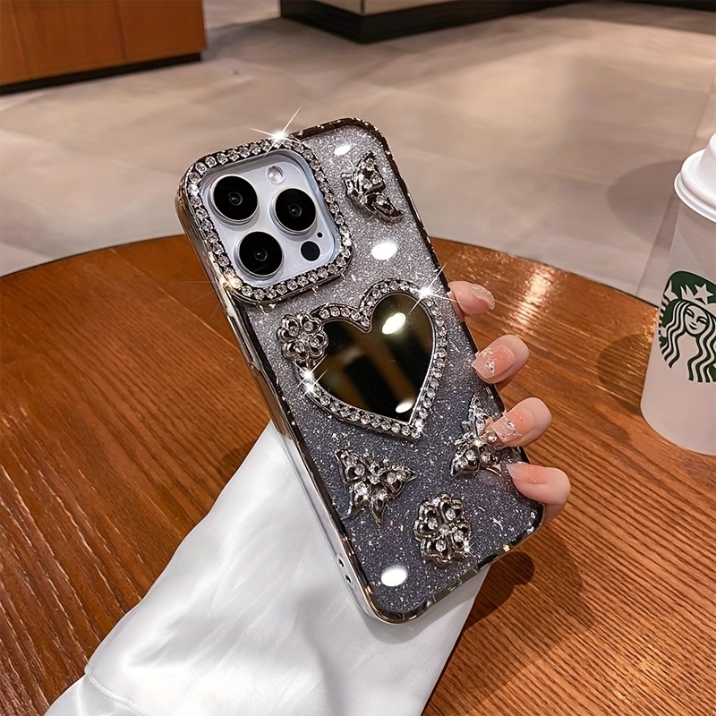 New Love Shape Glitter Mirror Phone Case for IP16 IP 16 Pro Max 15 Pro 14 PLUS 13 12 11 XS, Double Row Of Synthetic Diamonds Luxurious Glitter Feel with Lens Protection, Durable, Shockproof - Image 3