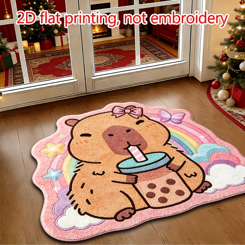 TEMU 2d Flat Capybara Polyester Fiber Rug, 2d Flat Design Capybarafamily Style, Soft Indoor Carpet For Home Decor, Bedroom Floor Mat, Ideal Gift,