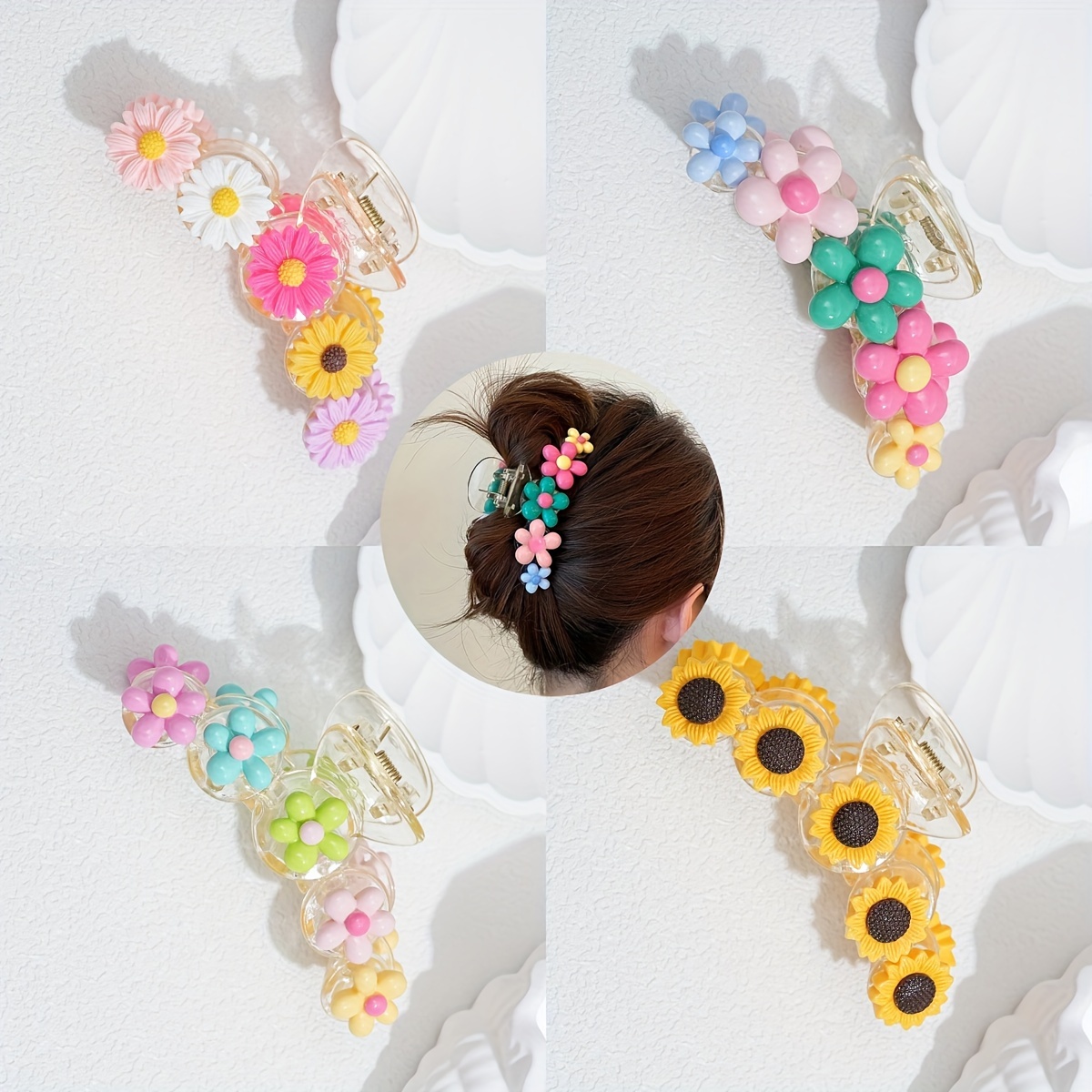 

4-piece Floral Sunflower Acrylic Hair Claw Clips For Women, Elegant Casual Sweet Cute Hair Accessories, Beach Vacation Wear