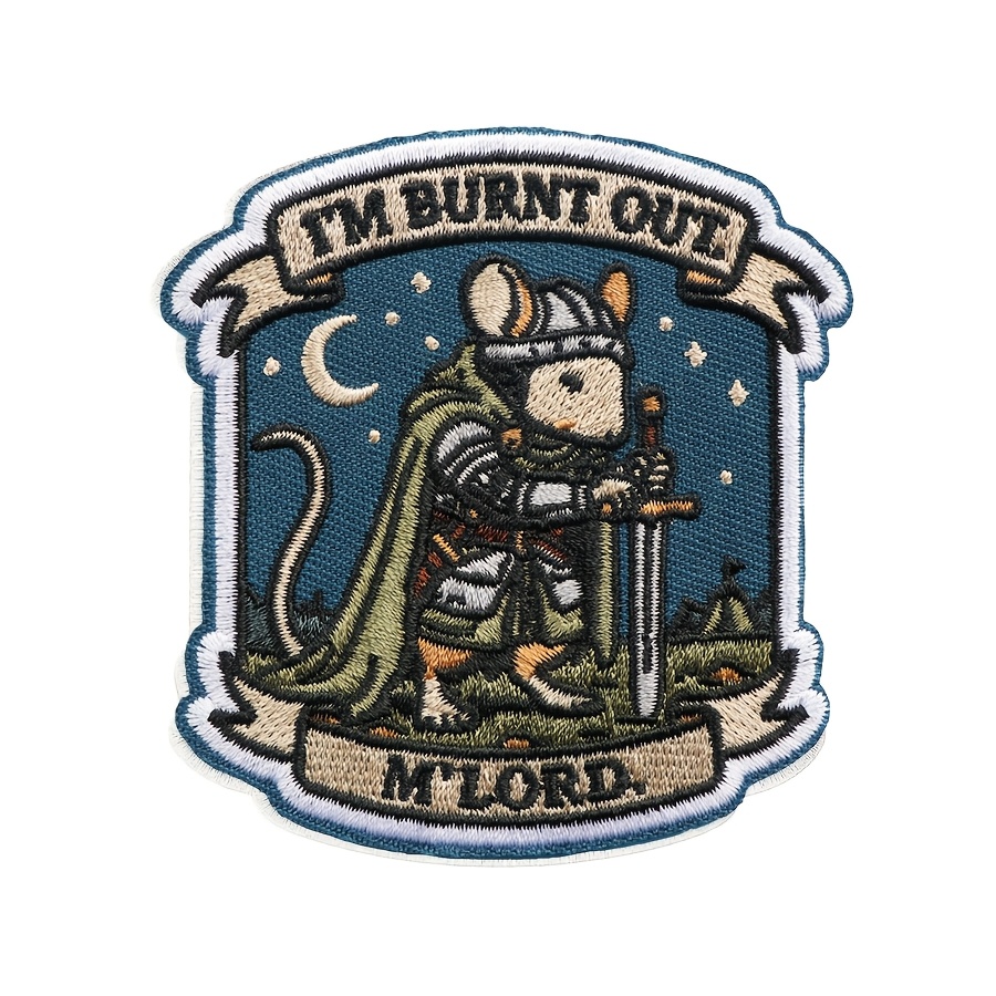 TEMU 1 pièce Patch à slogan amusant " épuisé, " Souris Badges brodés Motif de jeu RPG médiéval Bordure côtelée Thermocollant pour veste