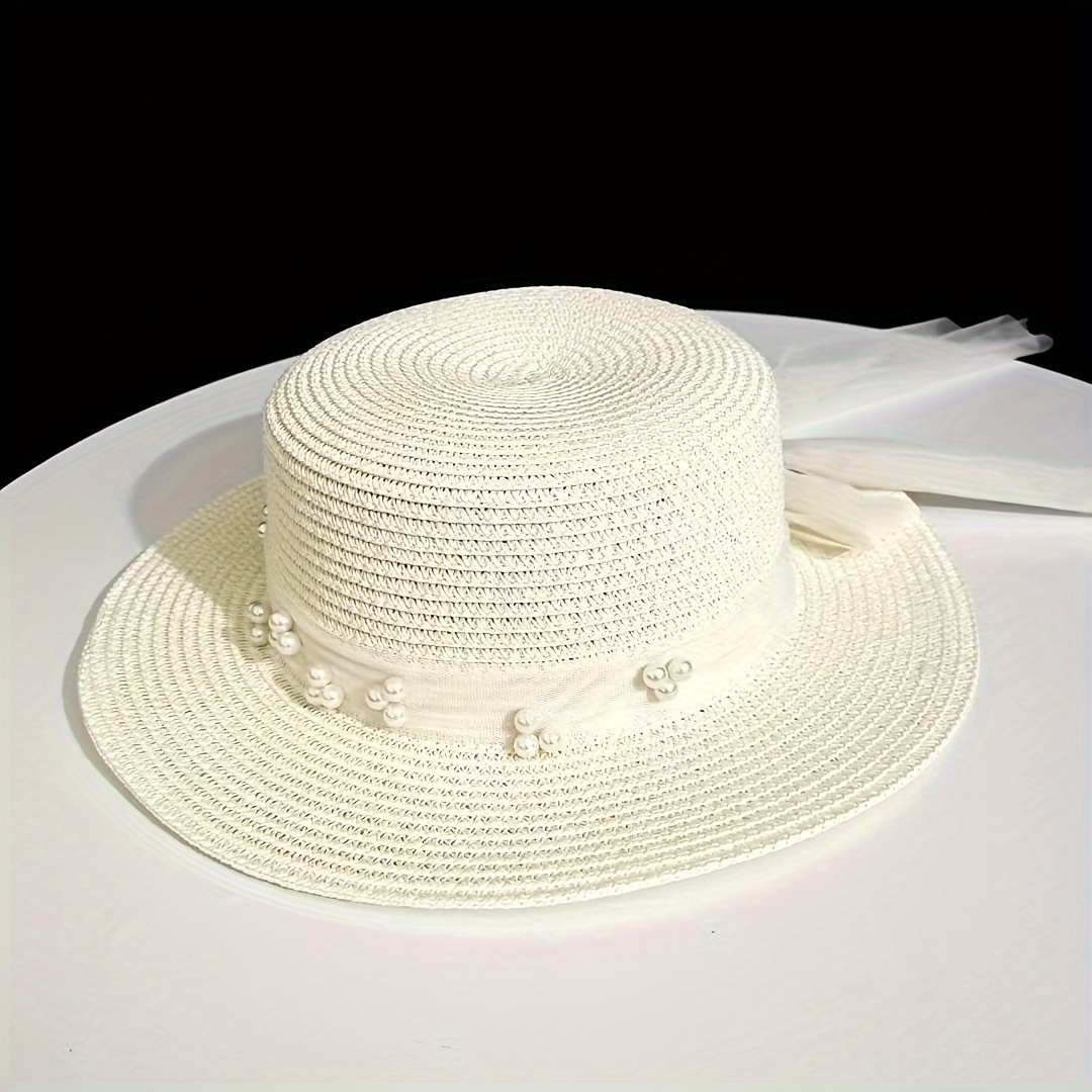 Elegant Lace Ribbon Sun Hat, Bucket Hats Classic Wide Brim Ruffle Straw Hats Trendy Travel Beach Hats for Women Girls,Temu