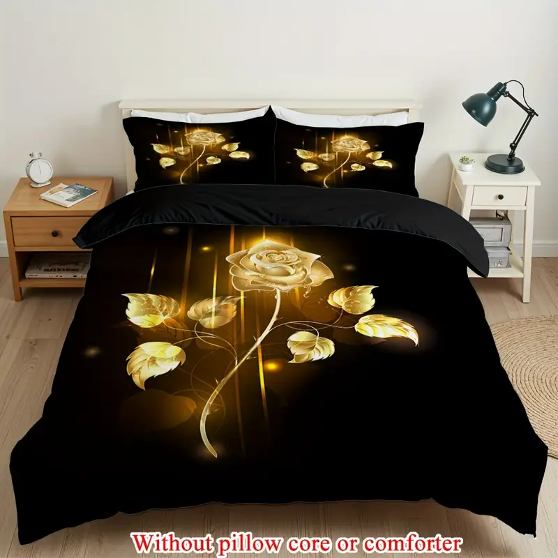 2 3pcs 1 duvet cover 1 2 pillowcase without core golden rose flowers romantic valentines day branch flower garden couple print soft comfortable bedding set for bedroom dorm room family gift Product details 1
