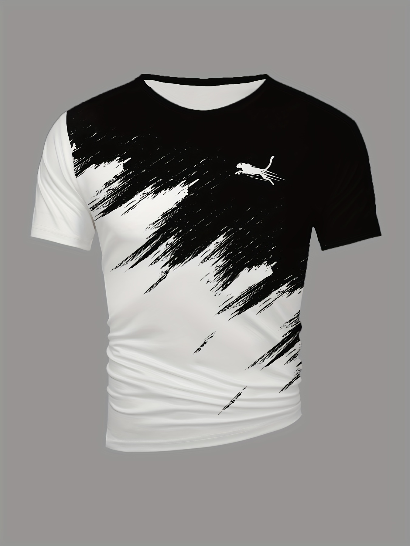 Men'S Casual Crew Neck T-Shirt with Running Animal 3D Print, Geometric Asymmetrical Design, 100% Polyester Knit Fabric, Slight Stretch, Regular Fit, Summer Street Hip Hop Sports Tee, 110gsm - Black & White