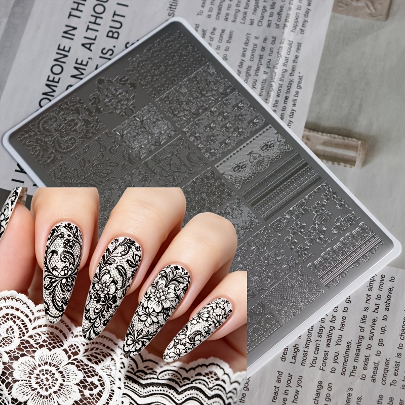 TEMU Lace Nail Art Printing Steel Plate, Retro Floral Lace Pattern, Stainless Steel Nail Art Template, And Exquisite Carving Pattern For French Nail