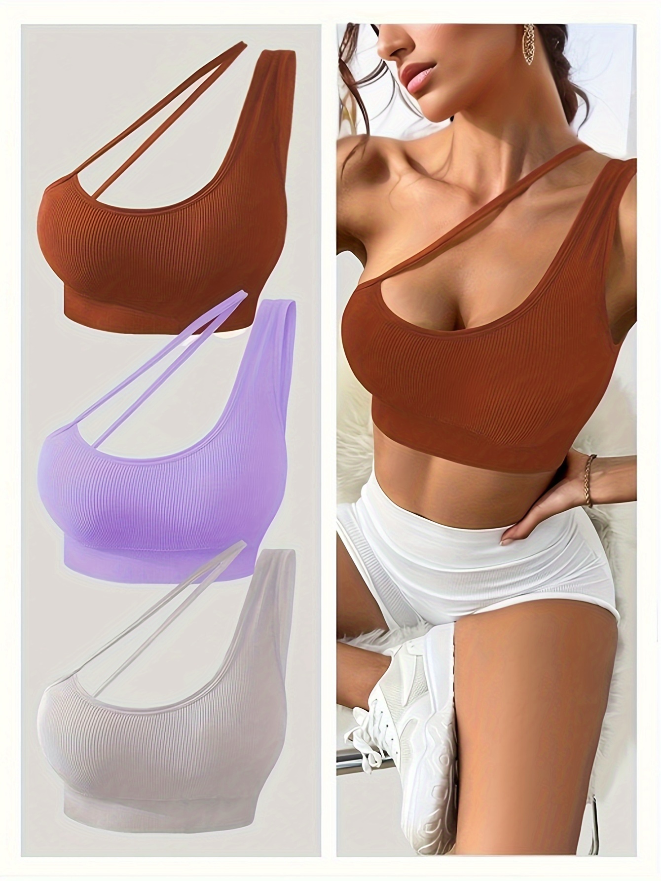 Women's One Shoulder Sports Bra Removable Pads One Strap