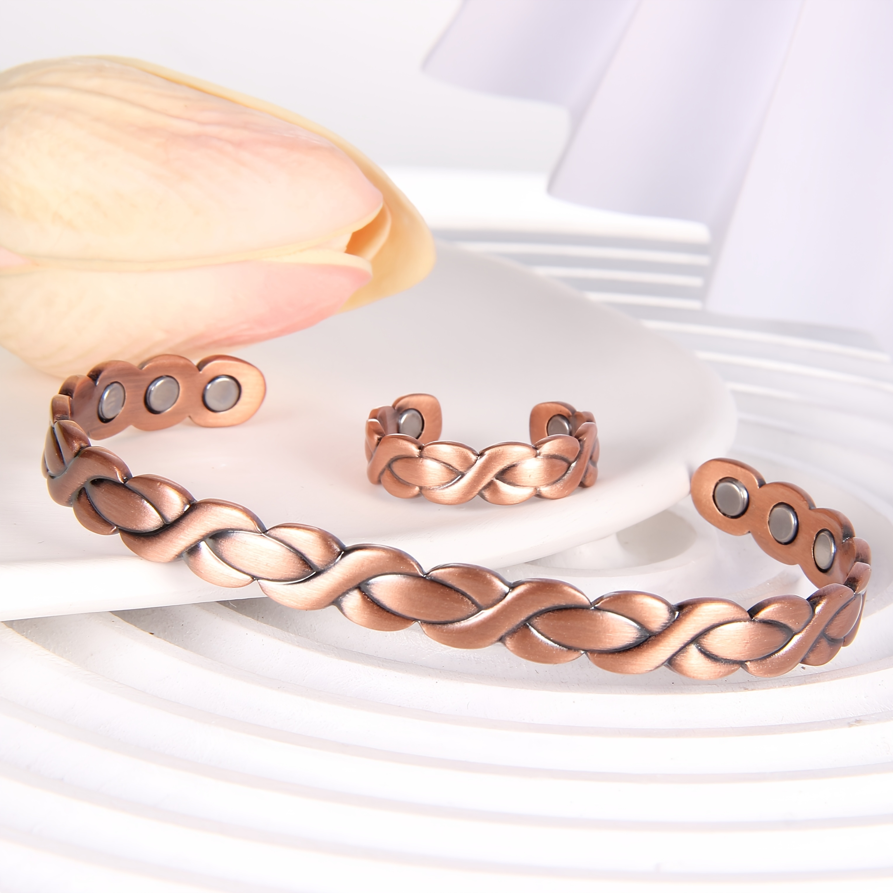 Image of 2pcs Copper Magnetic Bracelet And Ring For Women Men, Adjustable Size Copper Bracelet And Ring With Opening Design, Jewelry Gifts