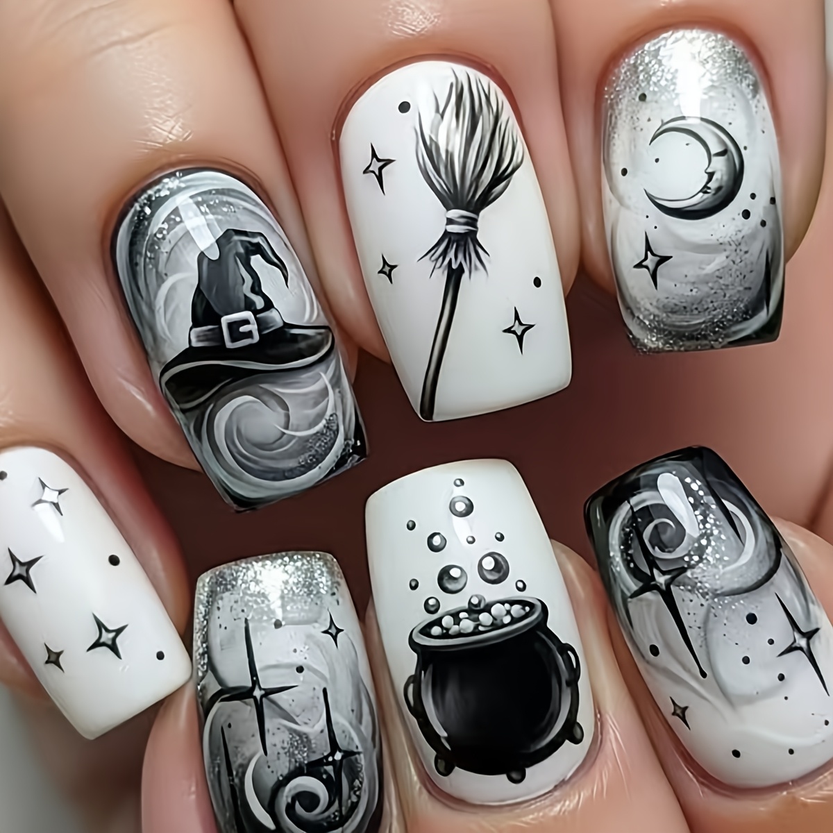 TEMU Halloween Mid-length 24pcs White Broom False Nails Hat Fashion Gradient Nail Stickers Removable Reusable Moon Star Nail Art Convenient For