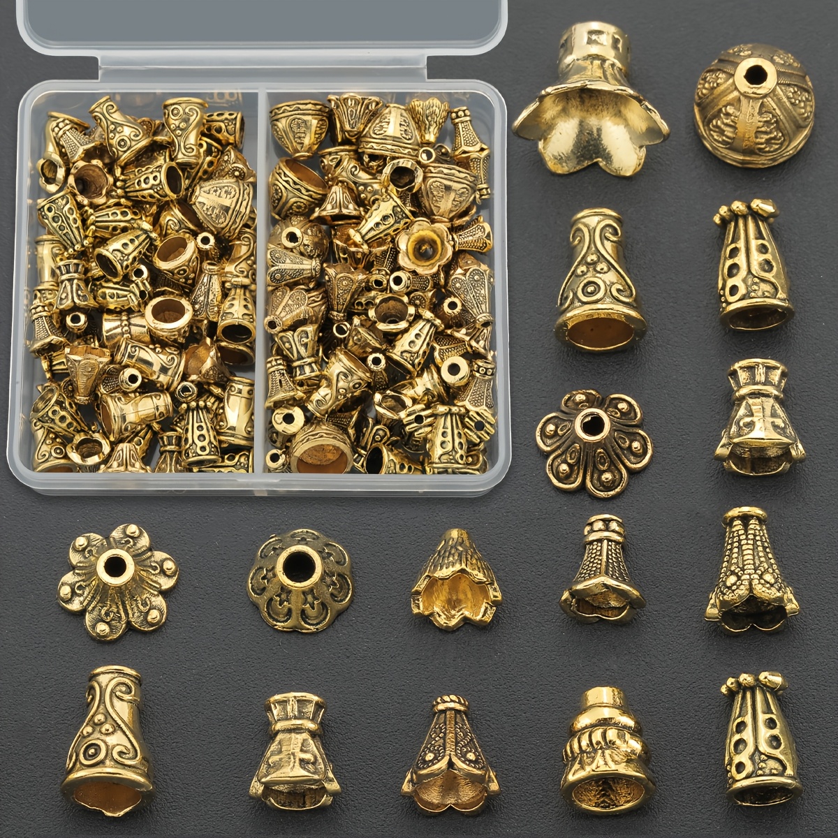 30pcs 60pcs beaded tassel caps bell shaped perforated spacers with 3  pattern high stand flower holder beads handcrafted bead end caps scattered beads bead connectors for jewelry making suitable for bracelets earrings anklets pendants