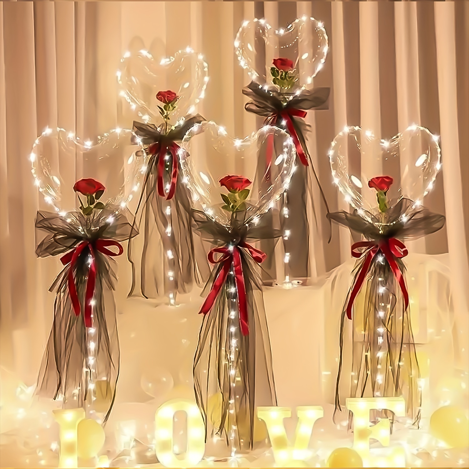 

2pcs Glowing Heart & Rose Balloon Bouquet - Valentine's Day, Engagements, Weddings, Birthdays & Party Decorations