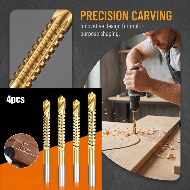 TEMU 4pcs Rotary Drill Bit Set Features A Serrated Design For Cutting Wood, Metal, And Plastic. , Portable, And