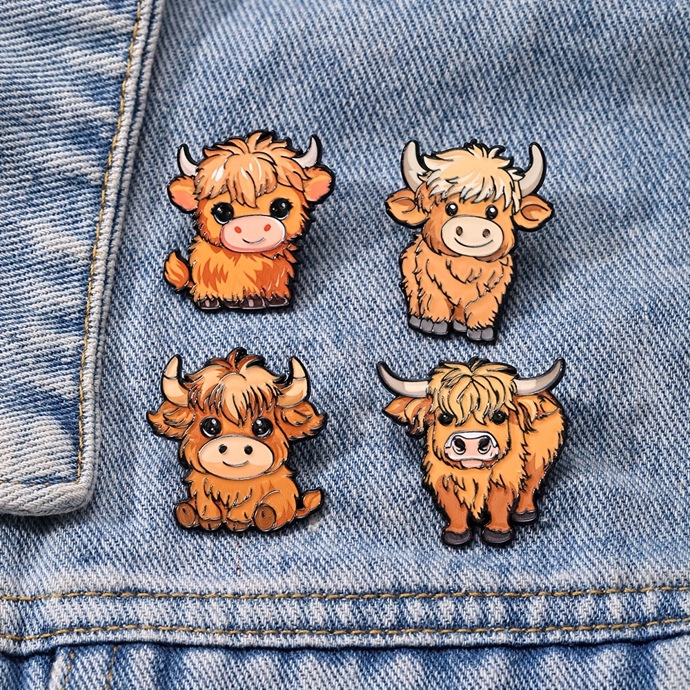 TEMU Ensemble de 4 broches en émail Vache Highland mignonne, broche de yak de dessin animé, convient aux vestes en denim et aux sacs à dos, un cadeau