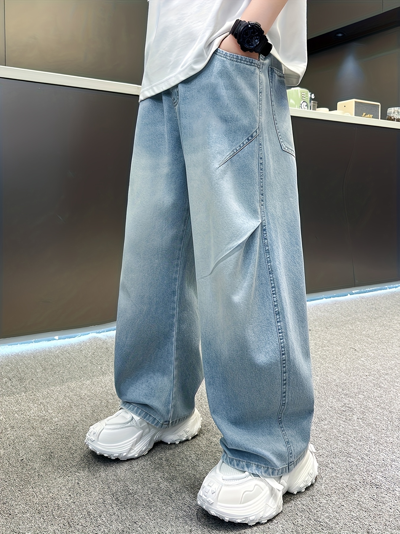 Boys' Large XL Size Summer Lightweight Straight-Leg Loose-* Denim Jeans  Pants with Belt Pocket English Lettering Casual Western Style  Trousers