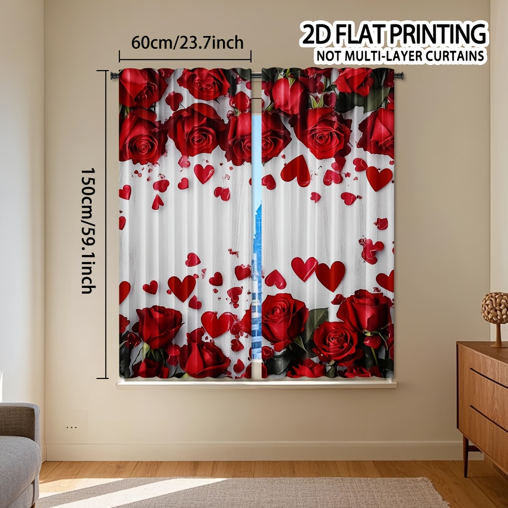 TEMU 2d Flat - 2d Flat, 2pcs, Rose Doorway Curtains, Red Rose Petals Botanical Window Drapes, Backdrop Curtains For Bedroom And Living Room, Romantic
