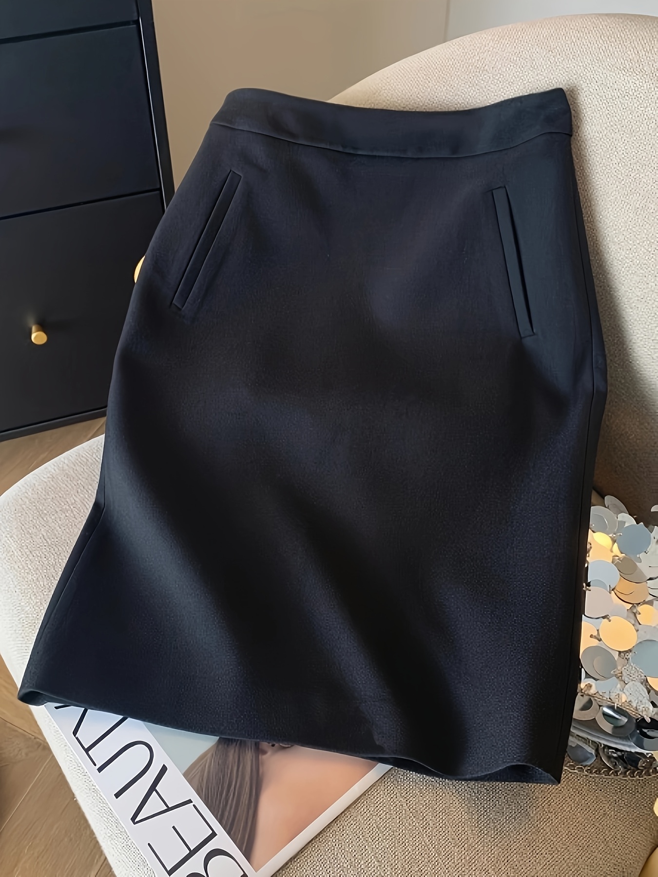 Women'* Black Pockets Zipper Detail *-Length Skirt Elegant Office  Commuter Style Non-Stretch Fabric, Machine Washable All-*