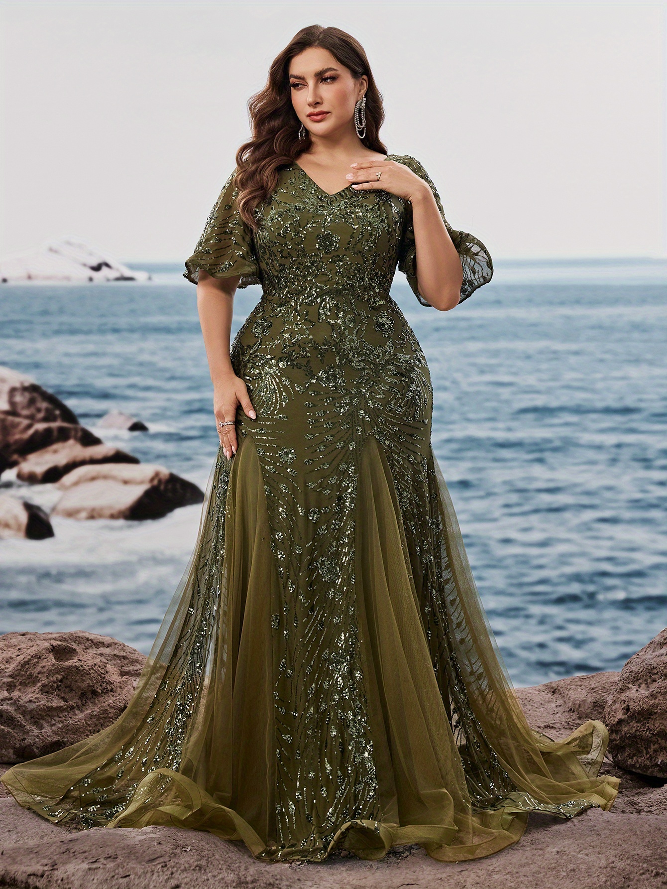 womens elegant emerald green sequin v neck short sleeve Temu