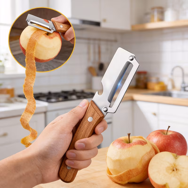 2pcs stainless steel peeler and slicer with wooden handle and ideal for sugarcane fruits and vegetables multifunctional durable peeling tool and vegetable slicer parties and picnics details 2