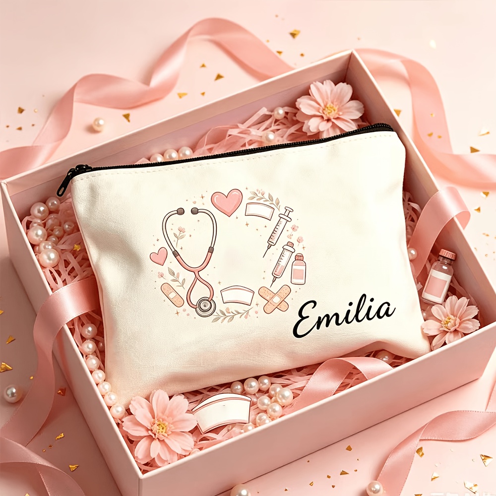 TEMU 1pc Custom Nurse Name Makeup Bag, Printed Pattern Aesthetic Nurse Cosmetic Pouch, Travel Makeup Bag With Name, Personalized Nurse Makeup Bag,