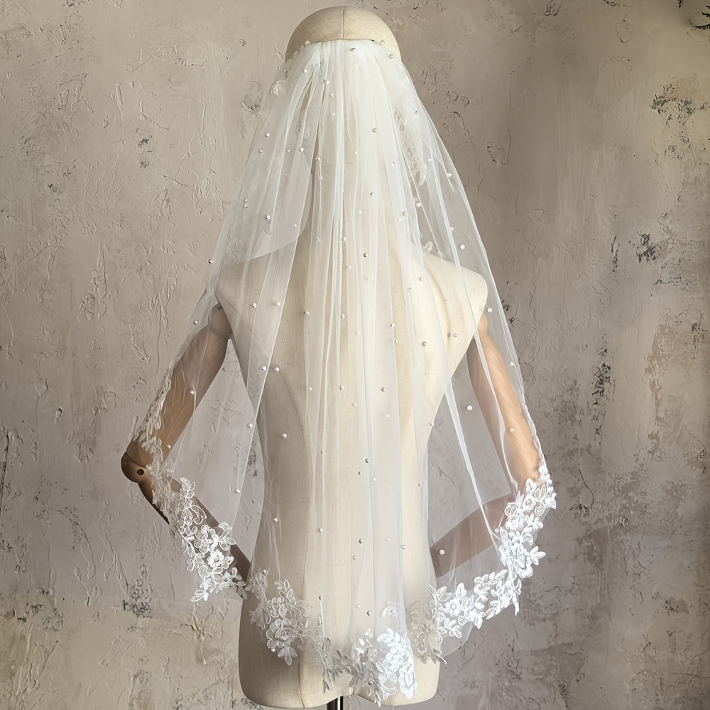 TEMU 1pc Short Bride Veil With Sheer Lace And Trim - Wedding Veil Suitable For Weddings, , Bridal Parties - Hand Wash Elegant Hair Accessory