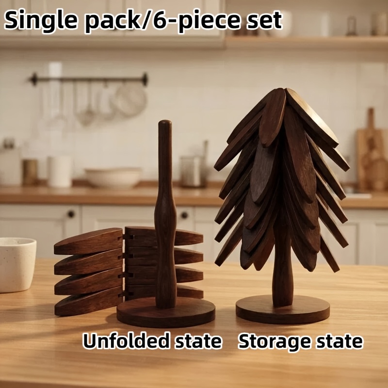 TEMU Foldable Wooden Tree-shaped Heat-resistant Trivet Set. Protects Countertops From Hot Pots, Pans, Dishes, And Teapots. Serves As A Decorative