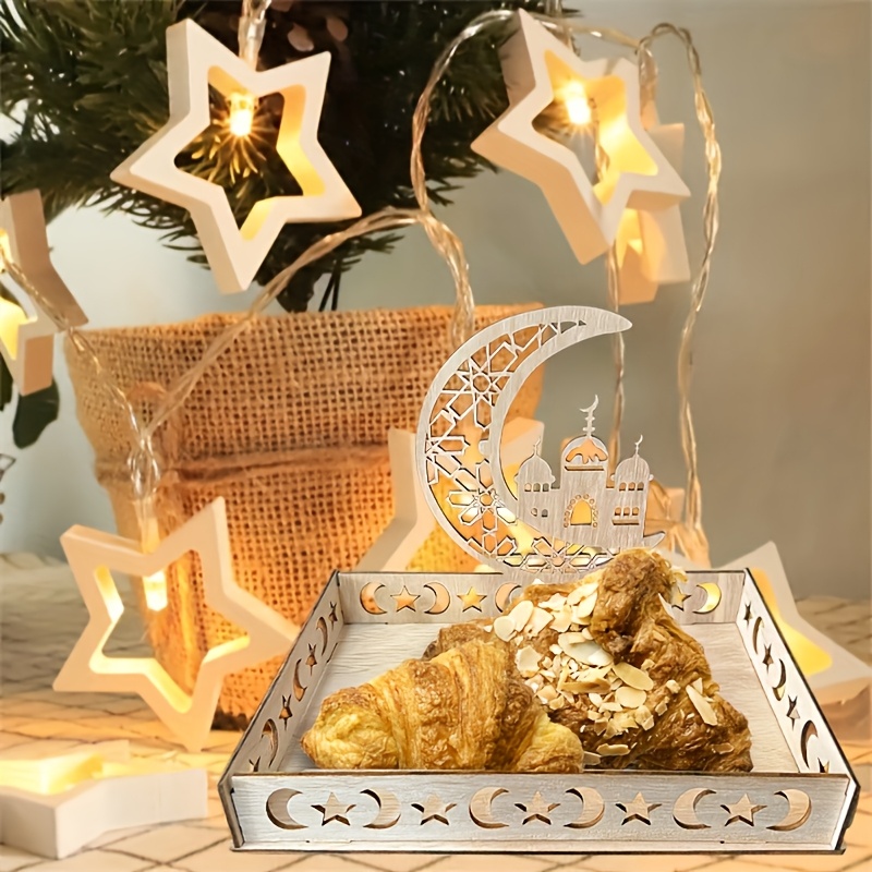 

2pcs Set, Elegant Wooden Crescent Ornaments With Silhouette - Ramadan & Eid Al-fitr Dessert Trays, Room Decor, And