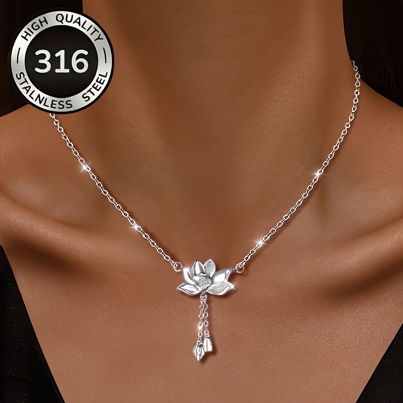 TEMU 1pc Steel For Lotus Necklace, Elegant Tassel Pendant Design, Classic Style, For Her , Hypoallergenic, A Daily Layering Piece