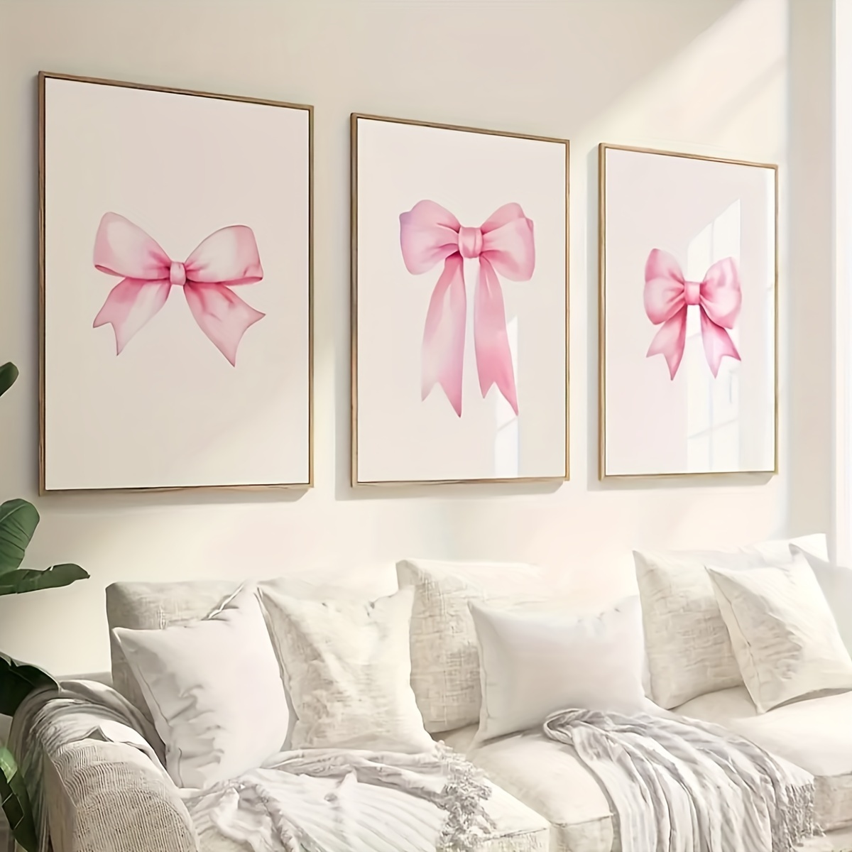 

3 Pink Bow Prints, Feminized Day Gift, Bow Poster, Canvas Art, Bedroom, Dormitory Wall Decoration, Frameless