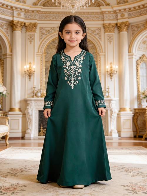 imagem do item vestido abaya bordado de do para meninas: champanhe, comprida, comprimento até o tornozelo, decote em bordado de linha prateada, e , adequado para ramadã/eid/oração/uso diário, e confortável, idades 4-12