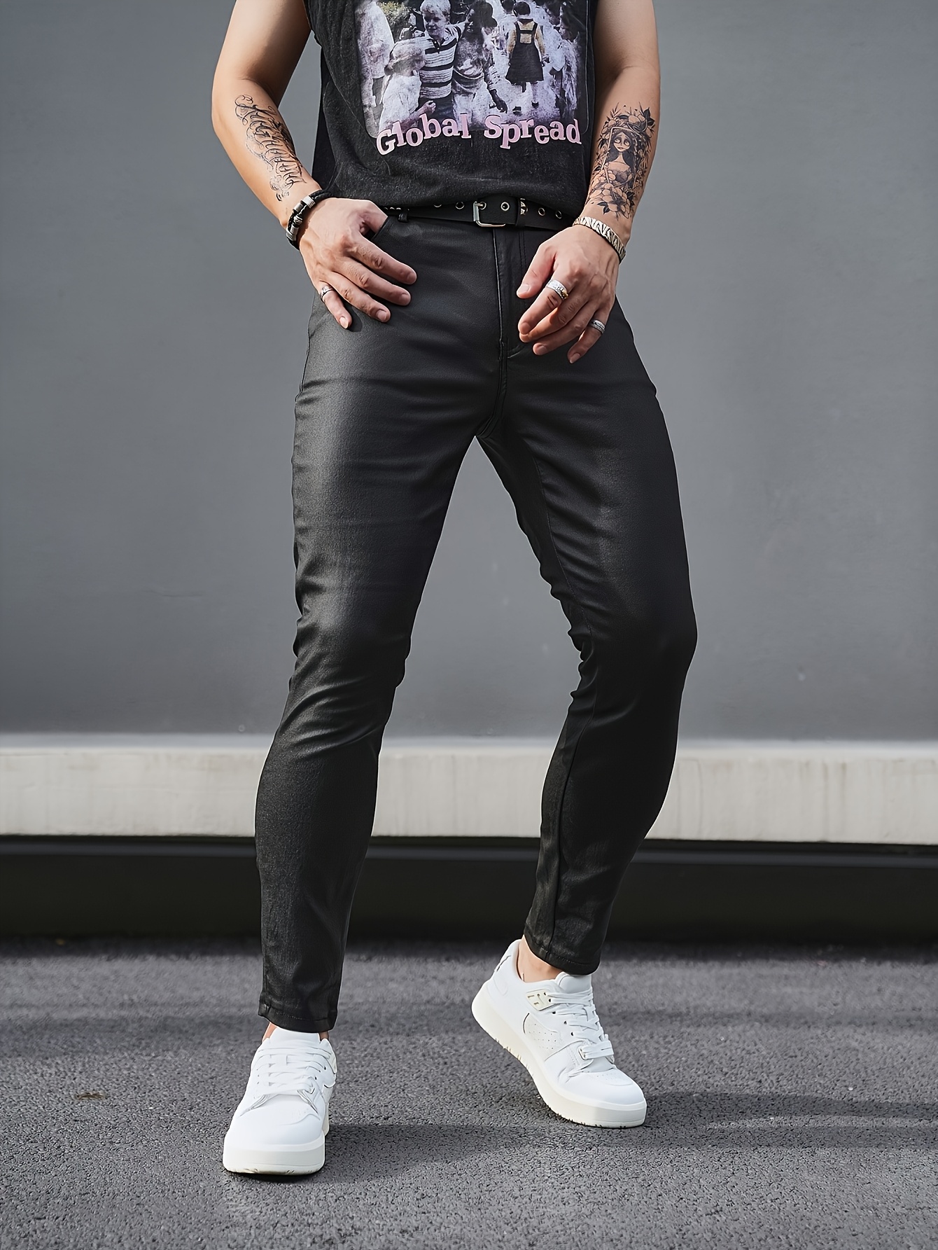 tb910 mens high stretch skinny jeans streetwear style black Temu