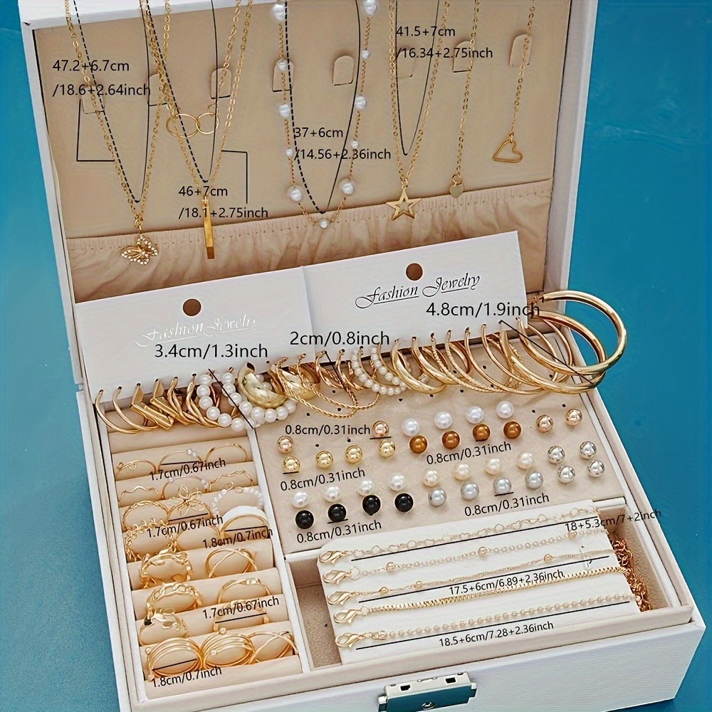 91pcs/114pcs Fashion Minimalist Luxury Metal Wind Hoop Earrings Set Hollow Layered Flower Ring Rhinestone Butterfly Bead Faux Imitation Pearl Pendant Necklace Beaded Bracelet Box Women's Jewelry Set for s Daily Party Friendship Birthday Gift No Box
