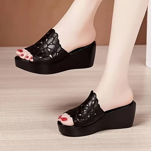 summer new arrival wedge platform thick soled slippers fish mouth toe single strap slides soft sole outdoor wear fashion women shoes