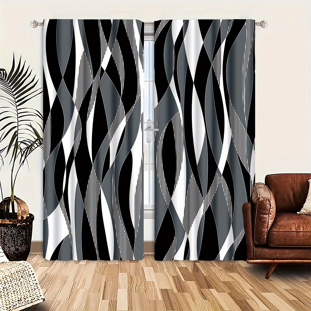 

Modern Abstract Wavy Satin Polyester Curtains With Tie Back For Living Room - Machine Washable, Artistic Theme Panels For Home And Office Decor